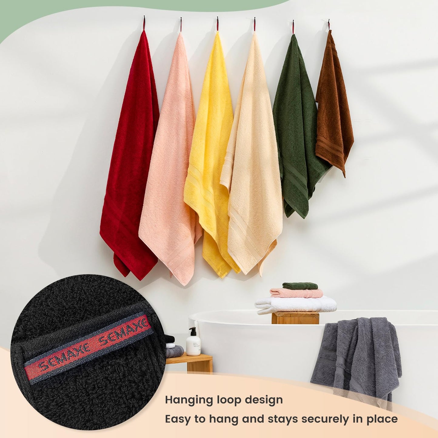 SEMAXE Solid 6-Piece Towel Set, Black, 600GSM 100% Cotton, 2 Each of Bath Towel, Hand Towel, and Washcloths, Gift Box Packaging, Hanging Loop Design