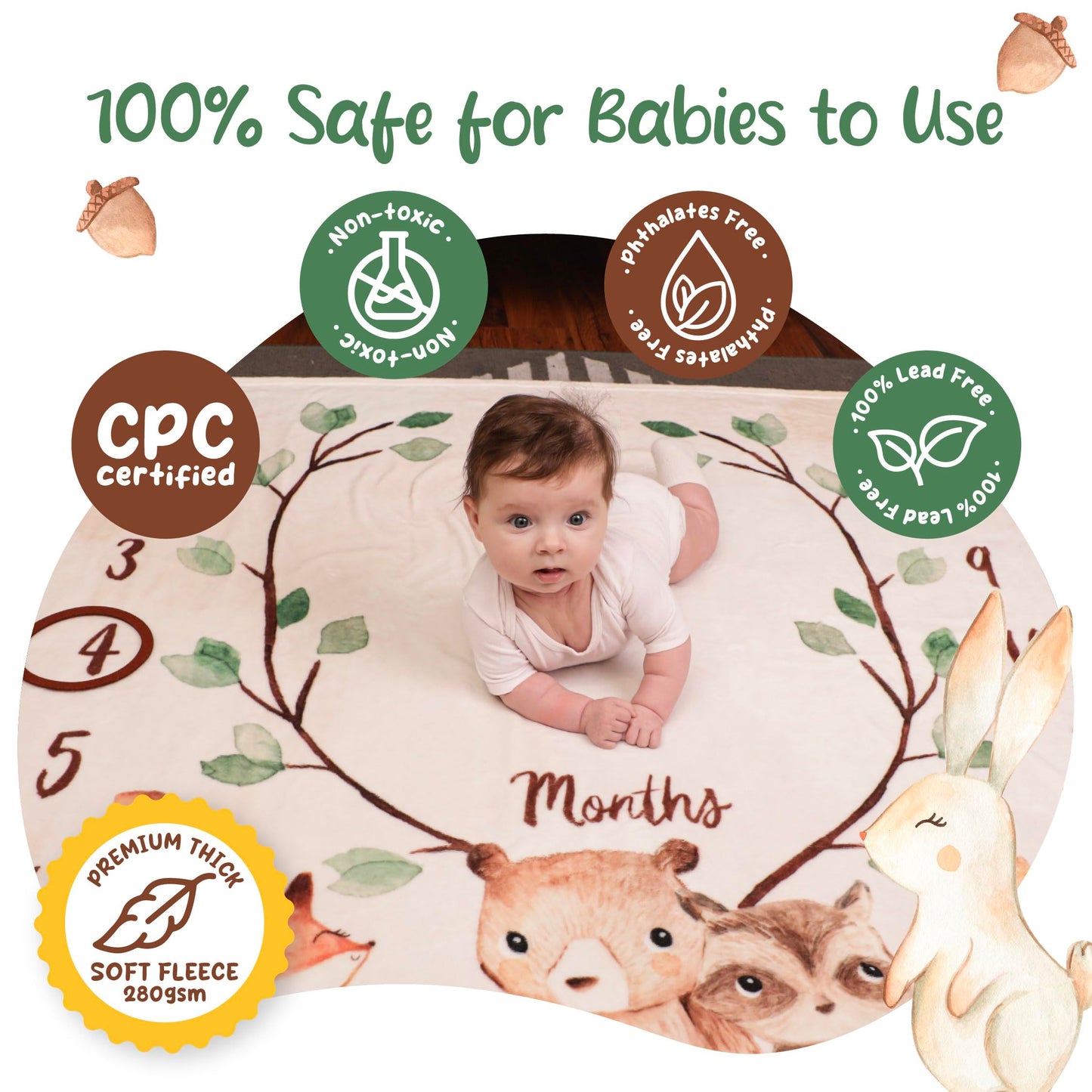 KooKooBaby Monthly Baby Milestone Blanket,47"x47" Premium Fleece Baby Monthly Milestone Blanket with Felt Marker, Baby Boy or Girl Month Age Growth Blanket - Woodland Nursery Animals