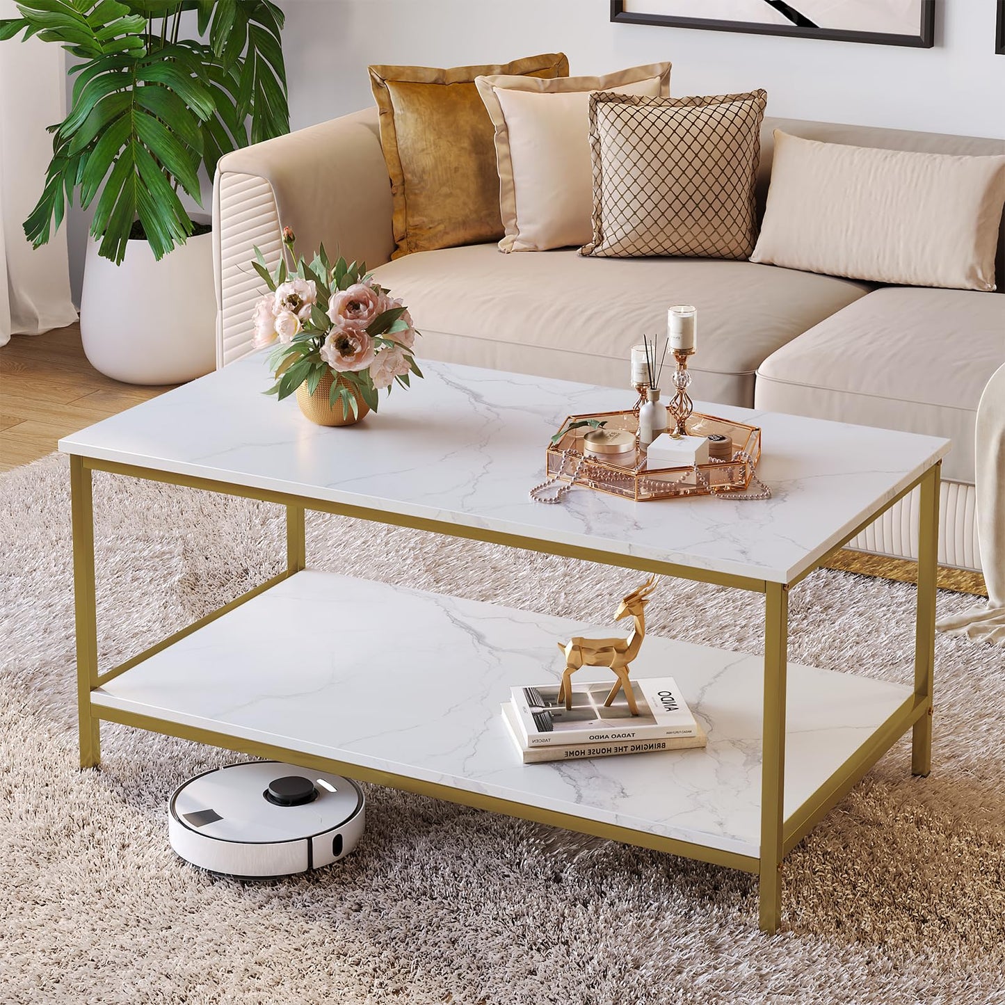 SAYGOER Modern 2-Tier Coffee Table for Living Room White Gold Coffee Tables Industrial Rectangle Wood Table for Large or Small Spaces Home Office Apartment, White Gold
