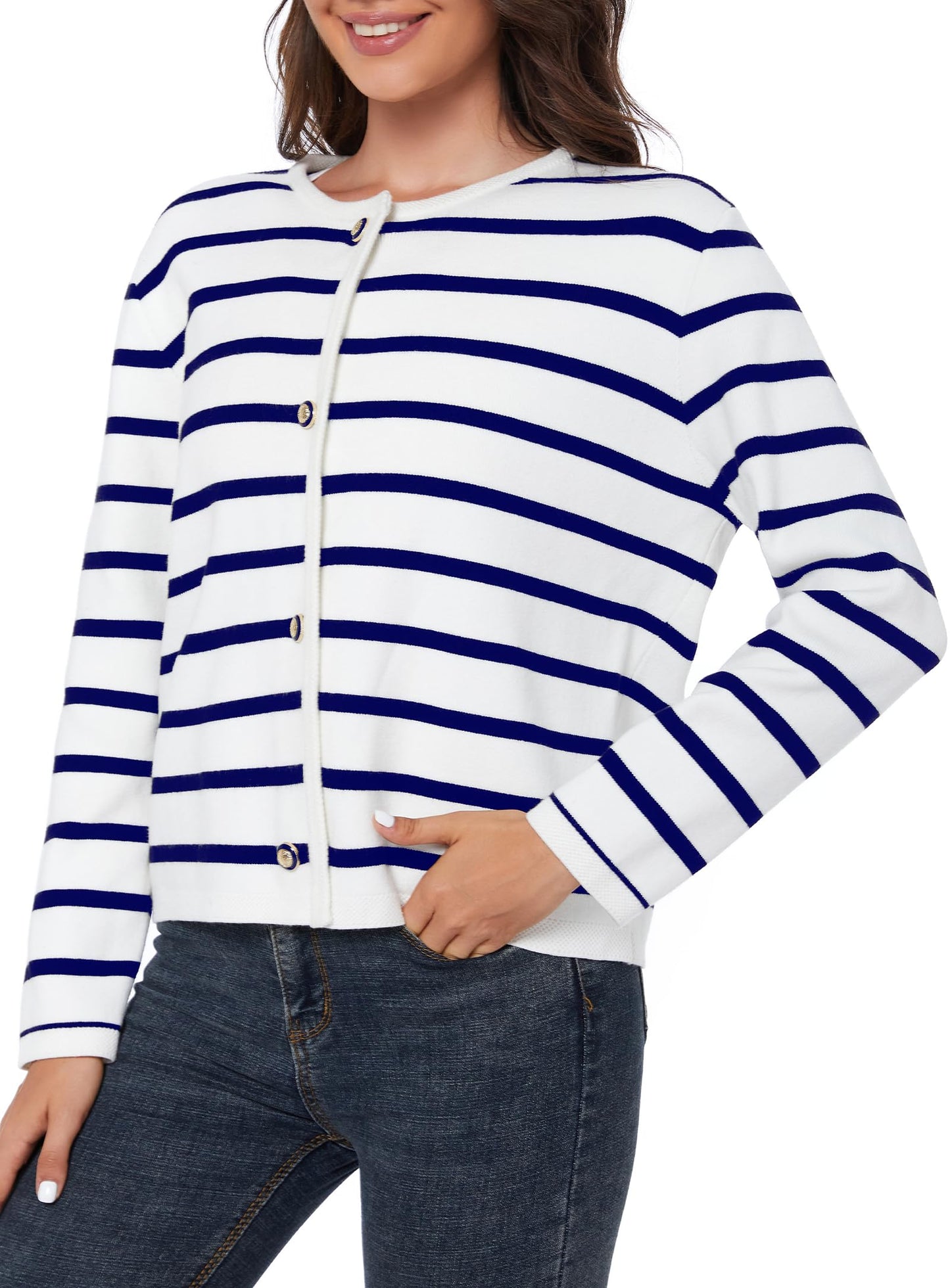LATAHUO Women's Striped Cardigan Sweater Trendy Long Sleeve Button Down Crewneck Knit Cardigans(Navy+White, Medium)