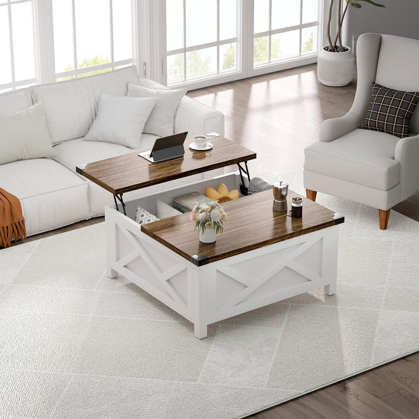 MU Lift Top Coffee Table, Square Coffee Table with Hidden Storage, Farmhouse Wood Table with Charging Station and Barn Door for Living Room, White