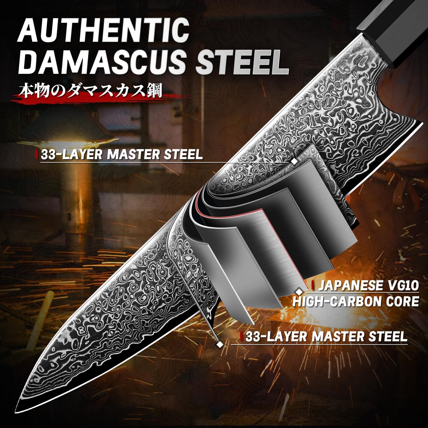 TIVOLI Damascus Knife Set 3PCS, Japanese Kitchen Knife With VG10，Ultra Sharp Cooking Knife Set With Octagonal Handle，Professional Chef Knives Set for Meat Vegetable Fruit, Ideal Gift for Dad，Mom