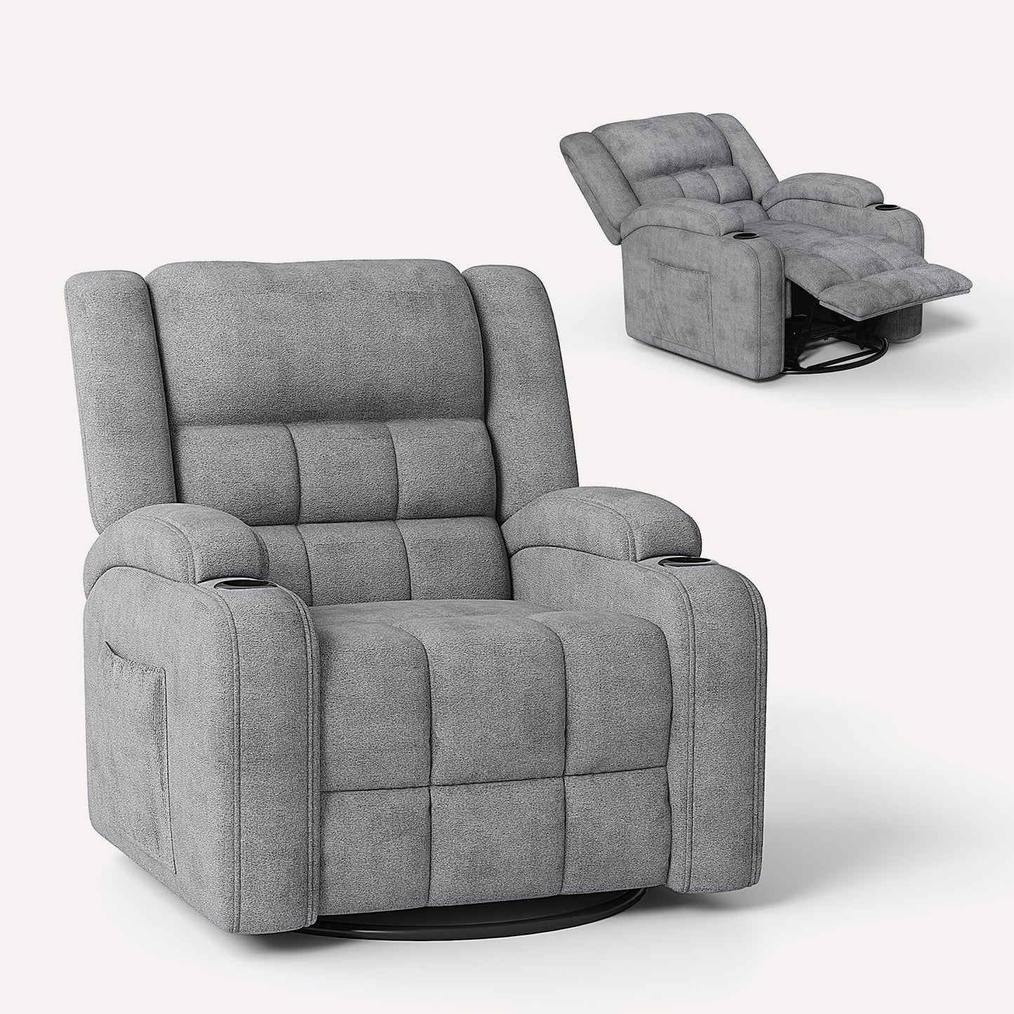 Furnimart 360° Swivel Rocker Recliner with Heat and Massage, Manual Comfy Recliner Chair for Adult, Chenille Glider Rocker Chaise Lounge for Living Room, Bedroom, Home Theater (Gray)