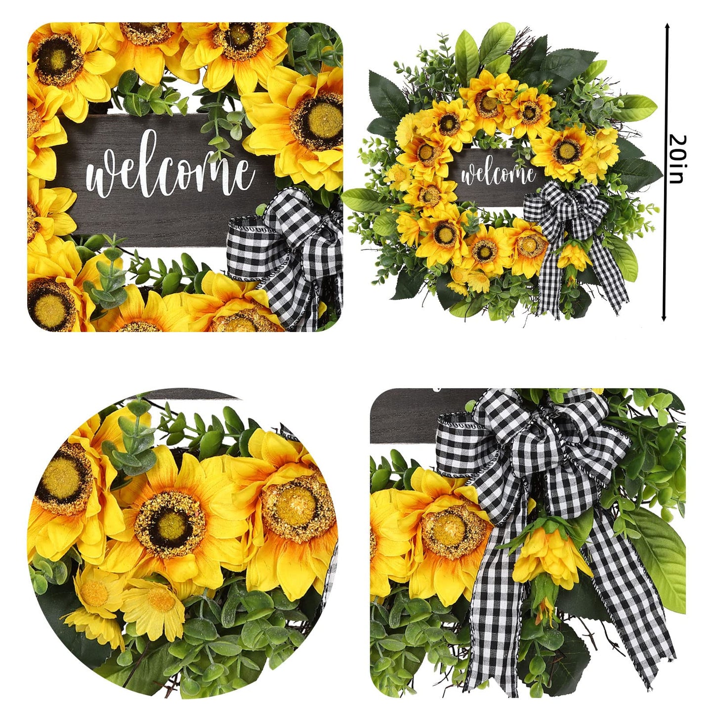 Sunflower Wreath with Welcome,Spring Summer Wreath for Front Door, Unique Housewarming Gift,mother'day Gift,Farmhouse Porch Decor,Sunflower Wall Decor,Wedding Favors,Year Round wreaths-20inch