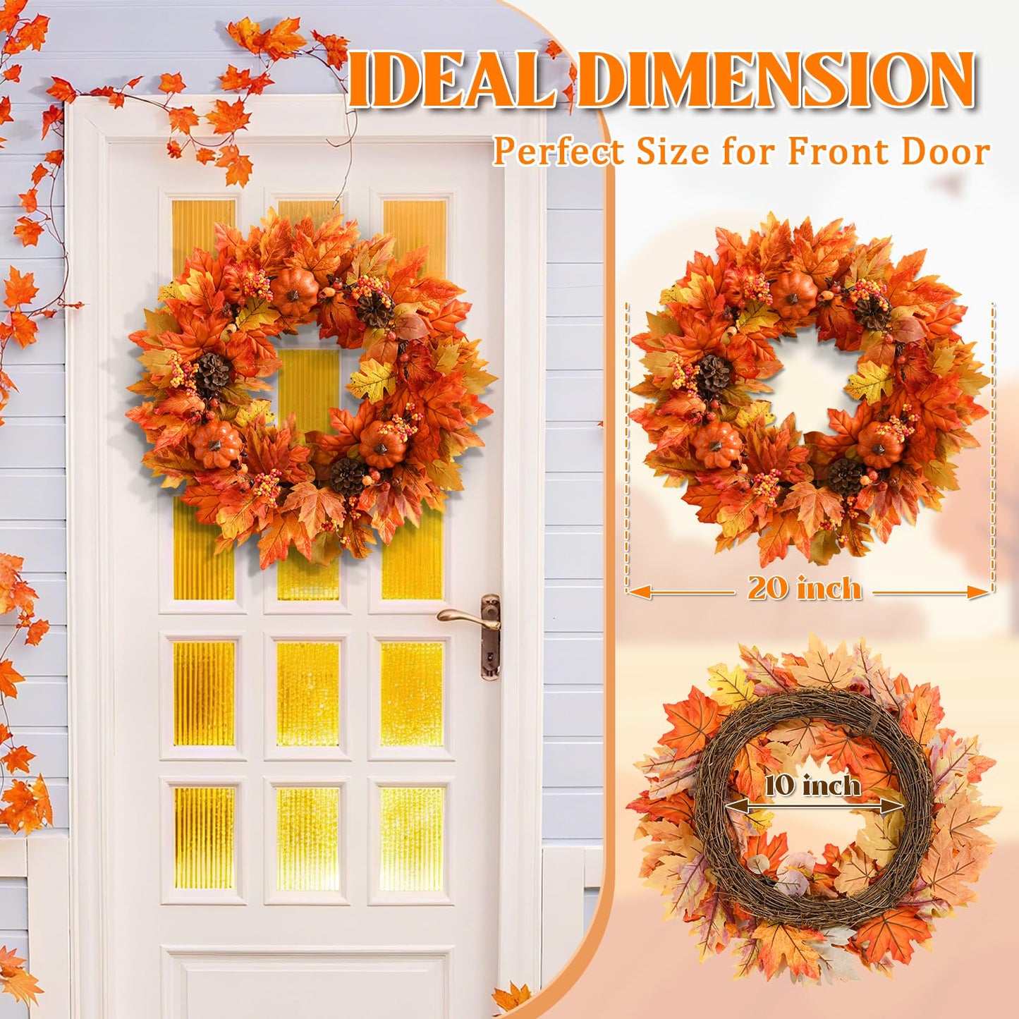Fall Decor - Fall Wreaths for Front Door, 20 Inch Autumn Wreath with Pumpkins Maple Leaves for Harvest Home Outdoor Thanksgiving Decor