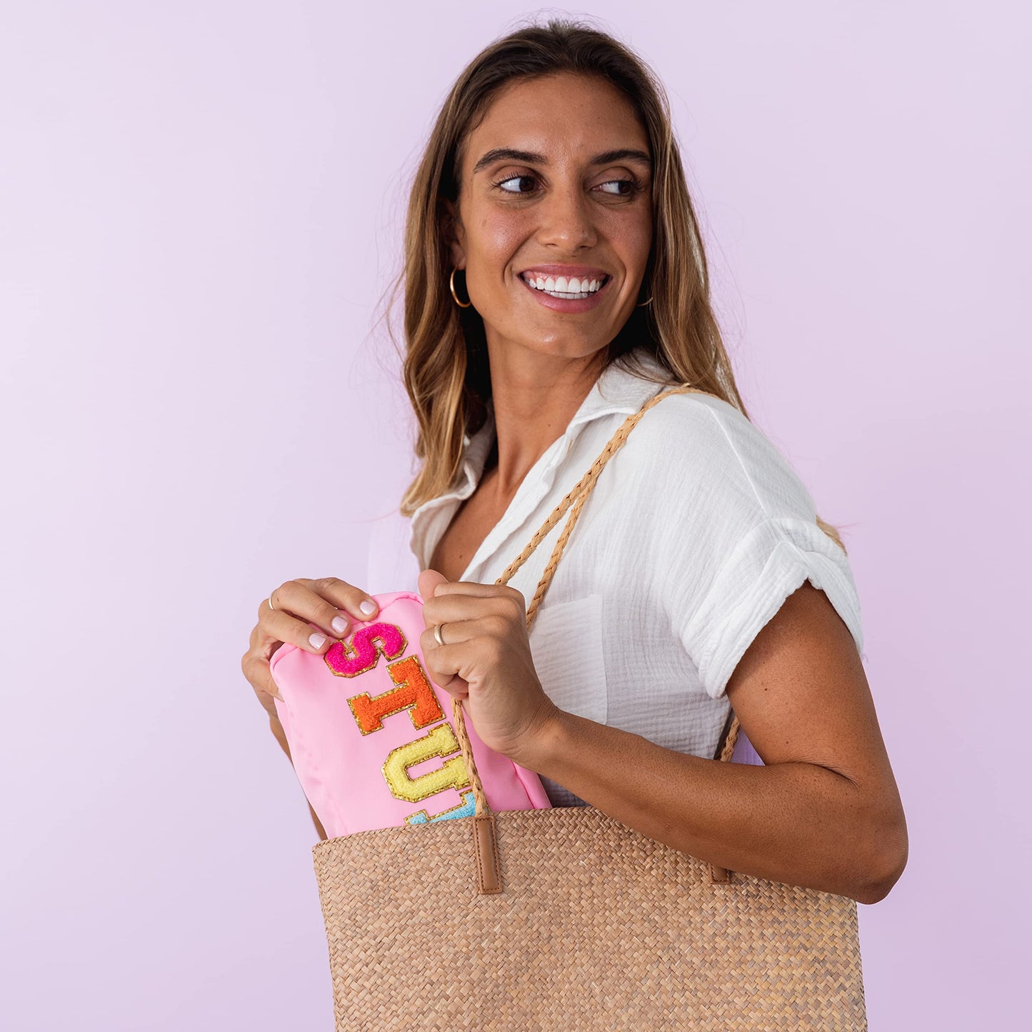 Fablinks Preppy Stuff Bag, Chenille Varsity Letter Makeup Pouch, Pink Nylon Skin Care Zipper Patch Bags Organizer for Women, Travel Make Up Skincare Cosmetic Stocking Stuffers