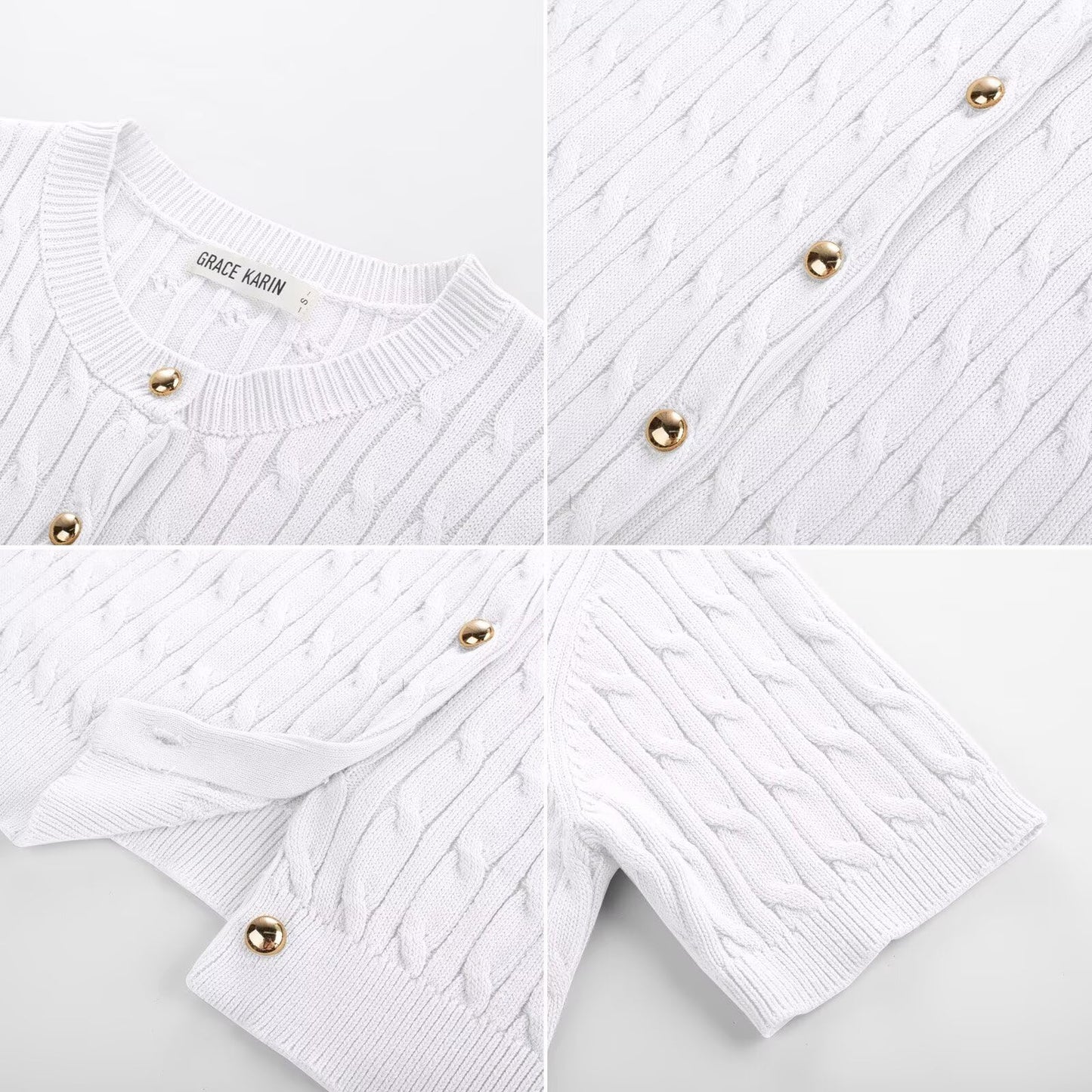 GRACE KARIN Women's Short Sleeve Sweater Cardigan Button Up White Sweater Cable Knit Soft Dressy Cardigan M