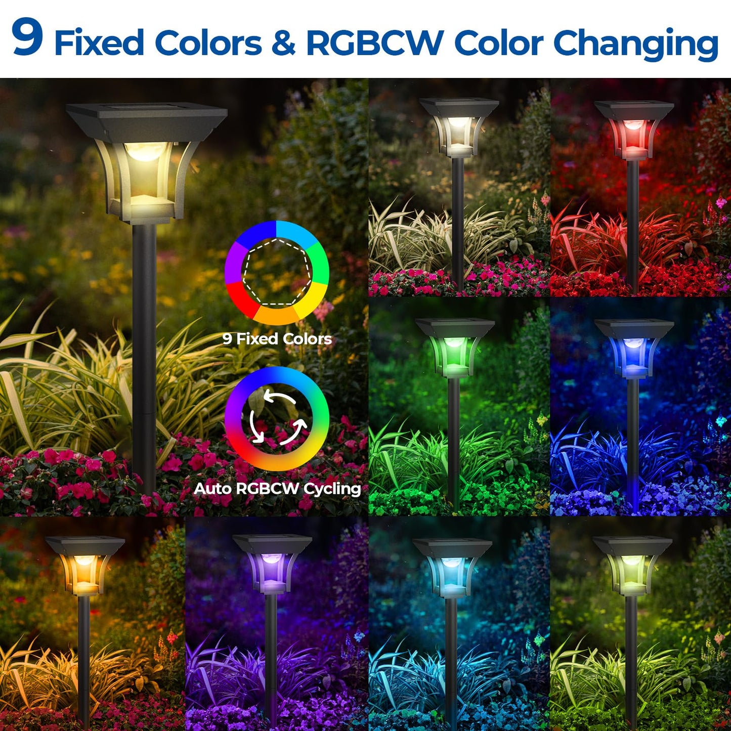 CINOTON 12 Pack RGBCW Solar Pathway Outdoor Lights, 3 Lighting Modes Solar LED Garden Lights, IP65 Waterproof Outside Solar Powered Landscape Lighting for Planter Lawn Pool Balcony RGB/Warm/Cold White