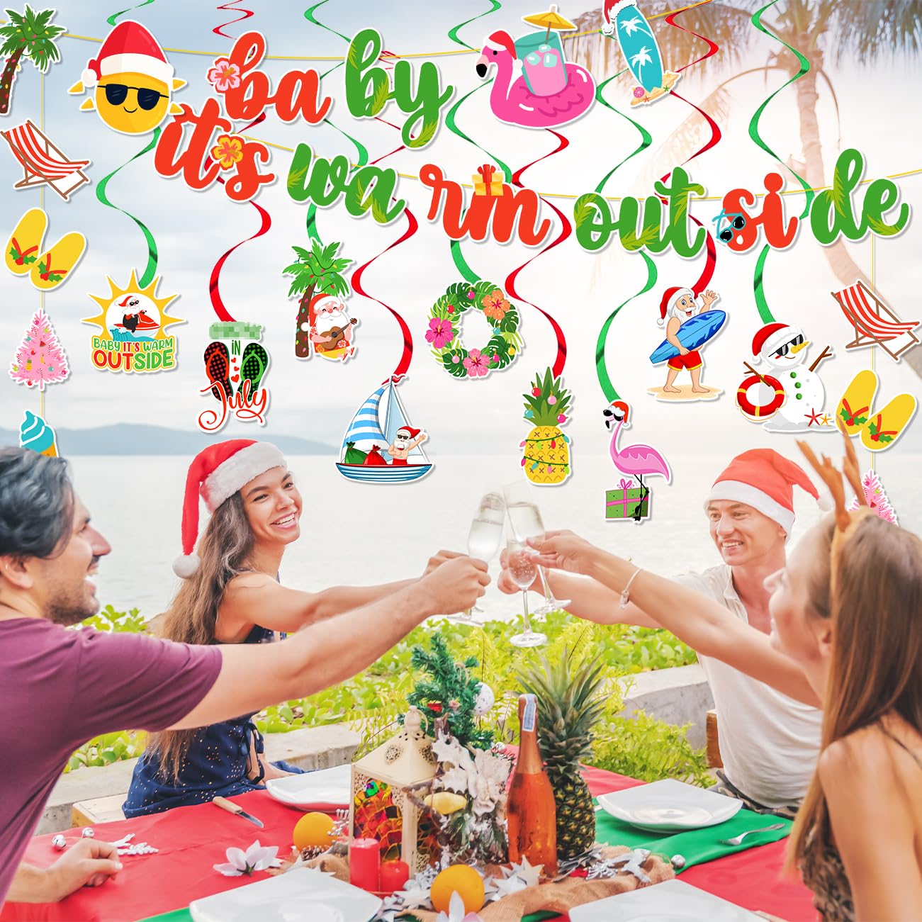 Baby It's Warm Outside Banner Decorations 48Pcs Hawaii Mele Kalikimaka Christmas Decorations Including Banner Hanging Swirls for Summer Beach Party Supplies