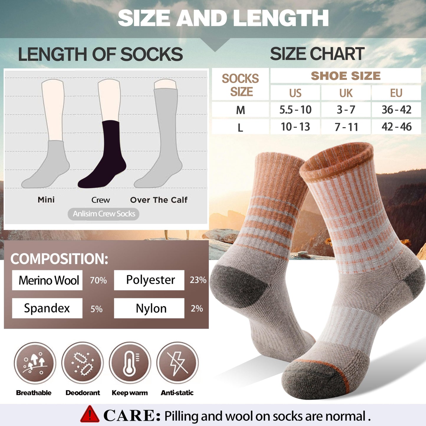 Anlisim Merino Wool Socks for Women Hiking Thermal Warm Winter Boot Work Crew Cushion Ladies Socks 5 Pairs Gift Stocking Stuffers(Yellow Brown,M)