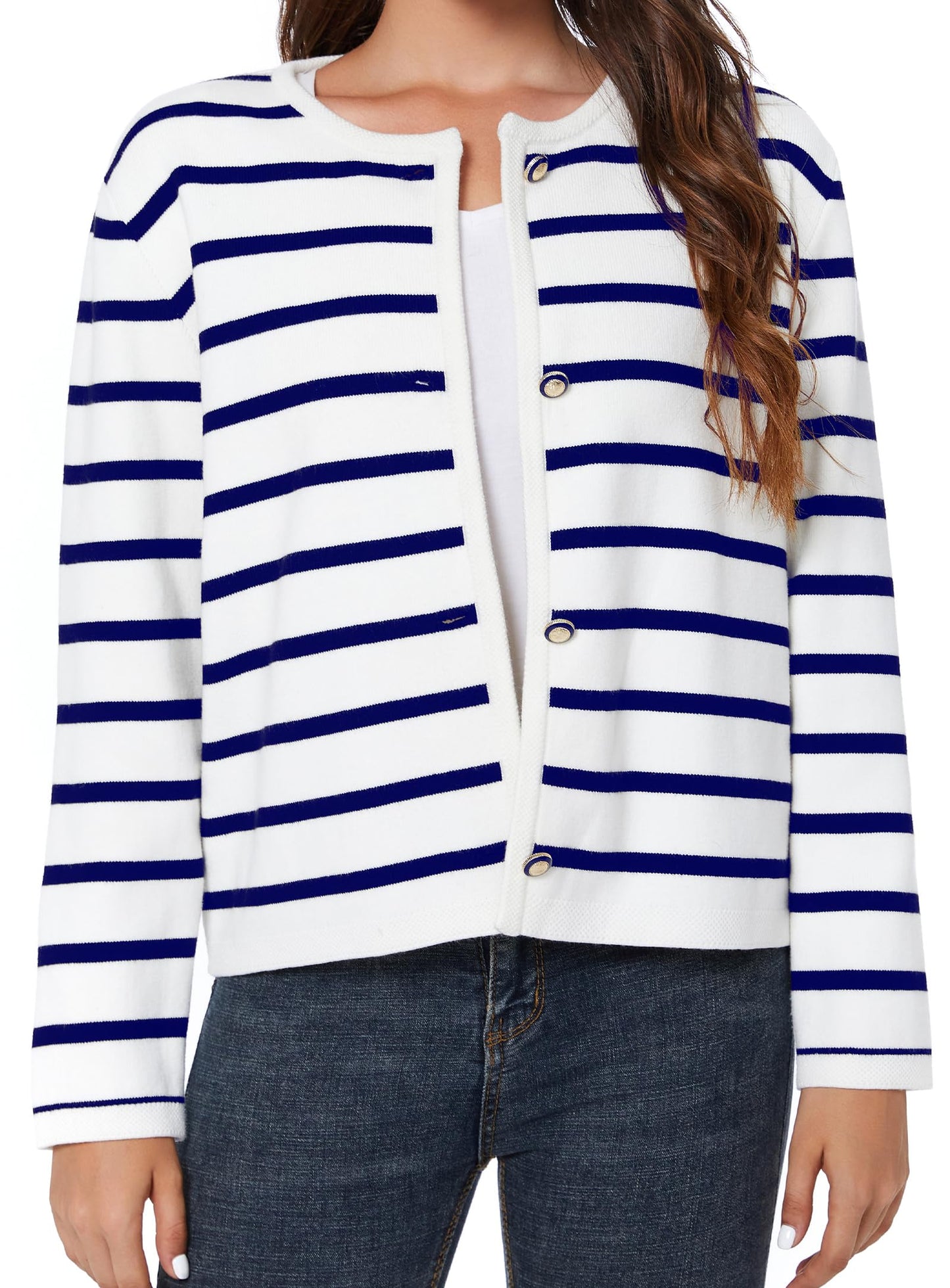 LATAHUO Women's Striped Cardigan Sweater Trendy Long Sleeve Button Down Crewneck Knit Cardigans(Navy+White, Medium)