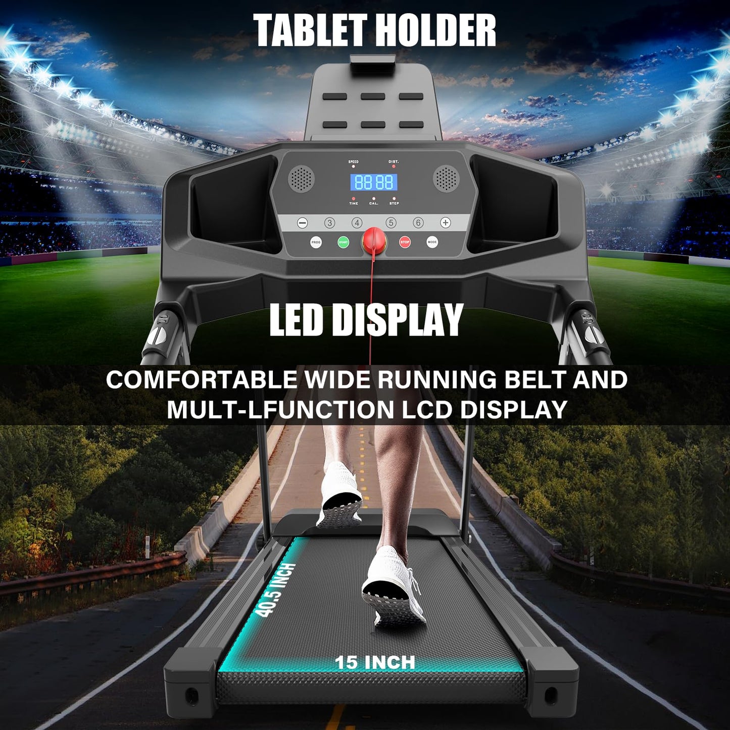 FLIMDER Folding Treadmills for Home, Treadmills with Incline Compact Treadmill 300 LBS Capacity with 12 HIIT Modes LED Display Walking Pad Treadmill with Large Running Area