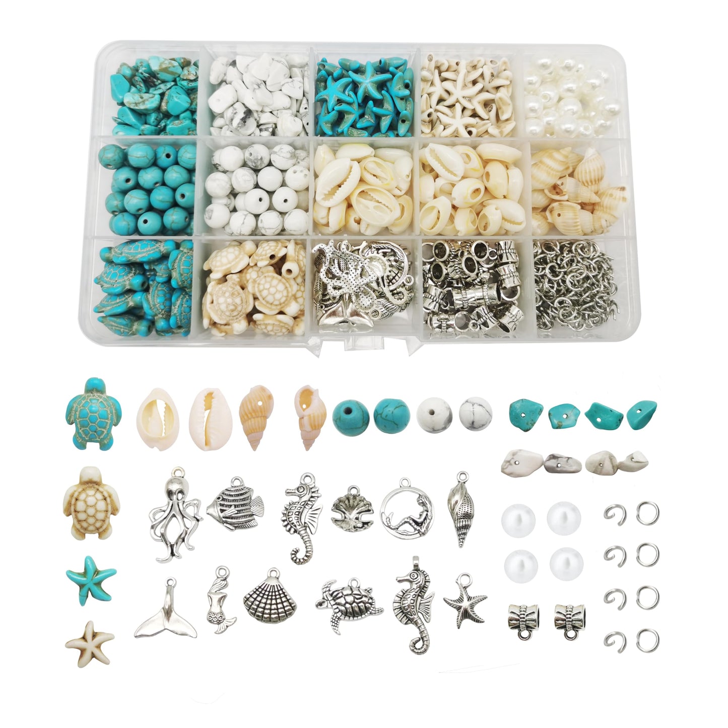 Julie Wang 55PCS Man-made Turquoise Beads Blue White Starfish Turtle Dolphin Fish Ocean Charms for Jewelry Making Summer Beach Beads Sea Pendants Necklace Earring Bracelet Craft DIY Supplies
