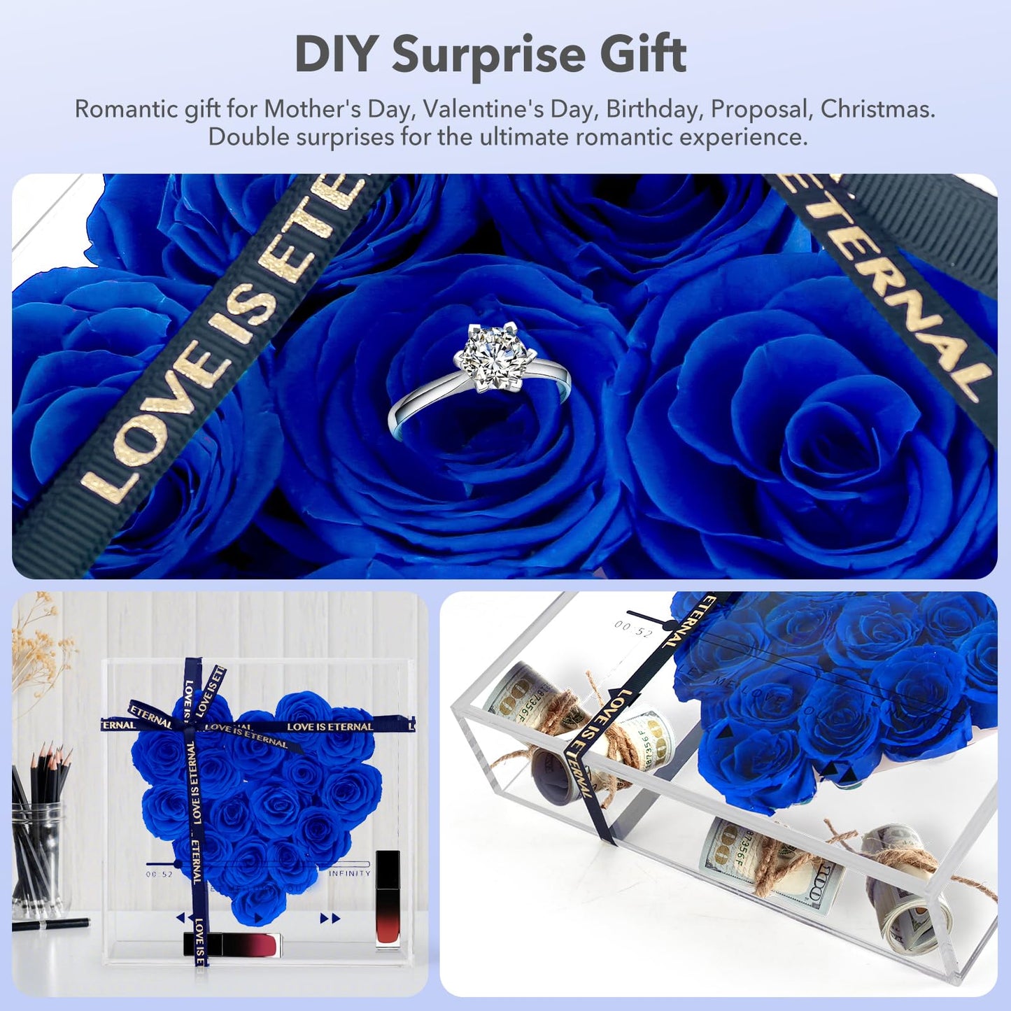 Preserved Roses, Forever Flowers, Blue Real Roses Last for 3 Years, Eternal Flowers Gift, Mothers Day, Valentines Day for for Mom Girlfriend Wife Grandmother (Blue)