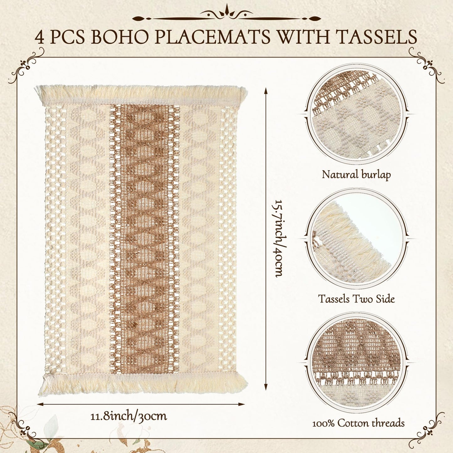 Zhehao 4 Set/12 Pcs Boho Placemats Natural Cotton Burlap and Grass Woven Table Mats Trim Farmhouse Style Placemats with Tassels Wooden Beads Napkin Rings for Table Kitchen
