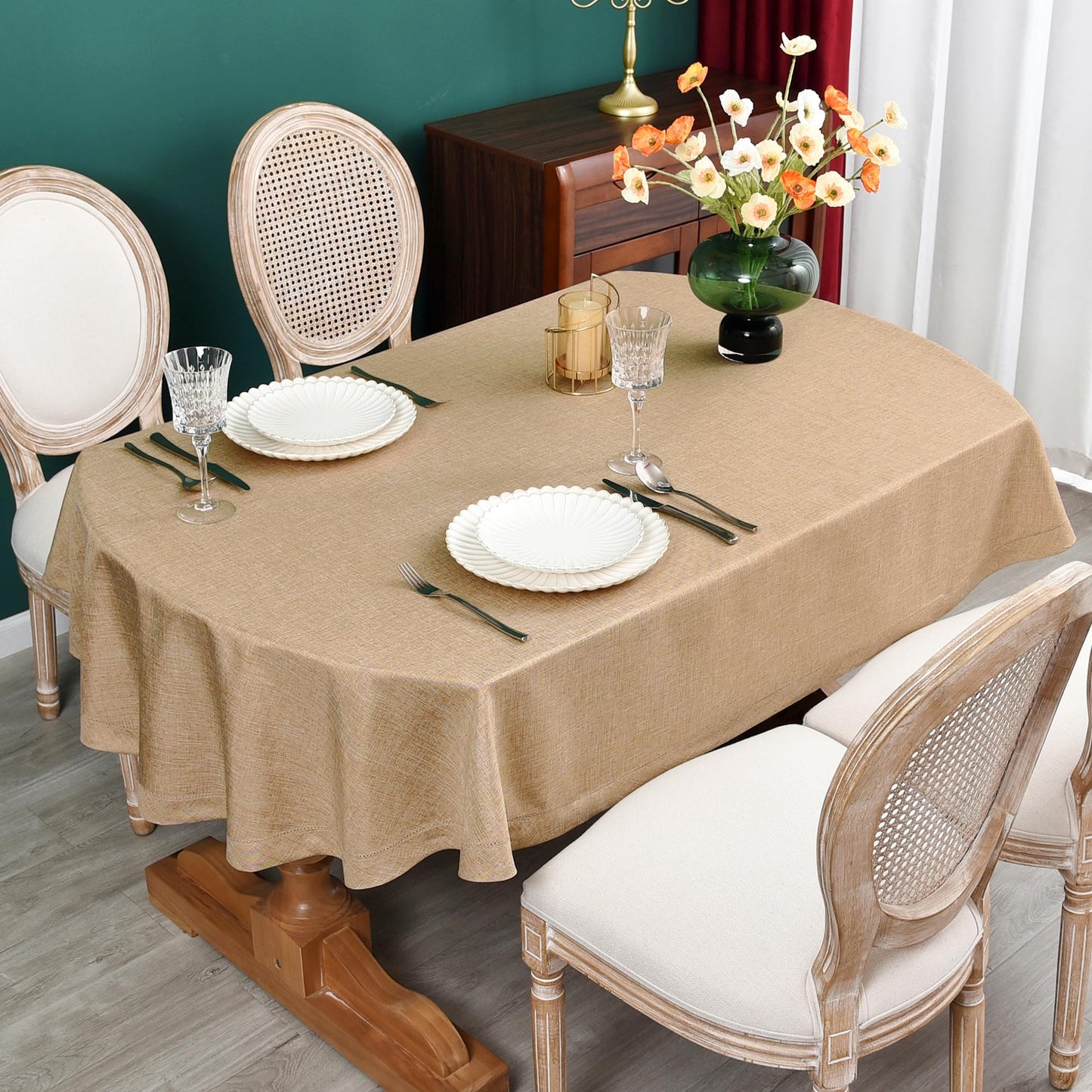 NEWISHER Farmhouse Oval Hemstitch Border Tablecloth Neutral Faux Linen Table Cloth Rustic Table Cover for Dining Kitchen Party Holiday Home (Flaxen, 52x70 Inch)