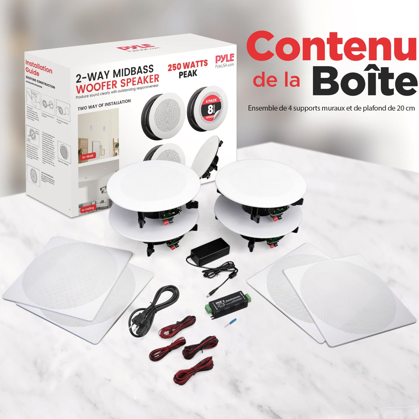 Pyle 8” 4 Bluetooth Flush Mount - In-wall In-ceiling 2-Way Speaker System Quick Connections Changeable Round/Square Grill Polypropylene Cone & Tweeter Stereo Sound 4 Ch Amplifier 250 Watt - PDICBT286