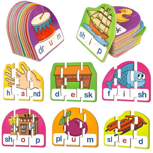 Kasfalci CVCC & CCVC Puzzle Cards for Kids - Word & Phonics Games, Speech Therapy Toys for Toddlers, 4 Alphabet Letter Word Puzzles, Learning Spelling Games
