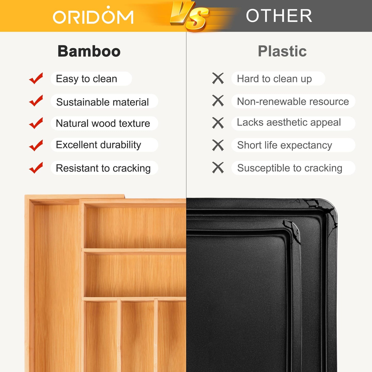 oridom Large Premium Bamboo Silverware Organizer - Expandable Drawer Organizer & Utensil Organizer - 17"x19.7" Cutlery Tray with Dividers for Kitchen Utensils and Flatware (7-9 Slots) (Natural)