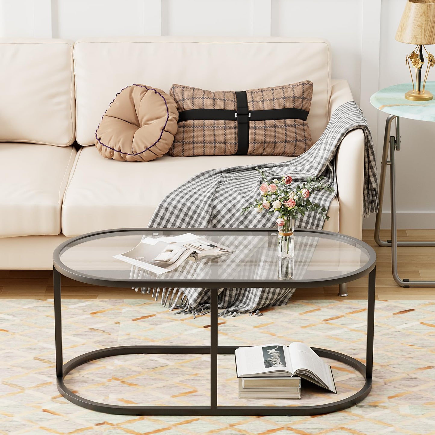 Wolawu Coffee Table Black Glass Coffee Tables for Living Room, Oval Table Center Table with Sturdy Metal Frame,Modern Tempered Glass Accent Tables for Bedroom Home Office