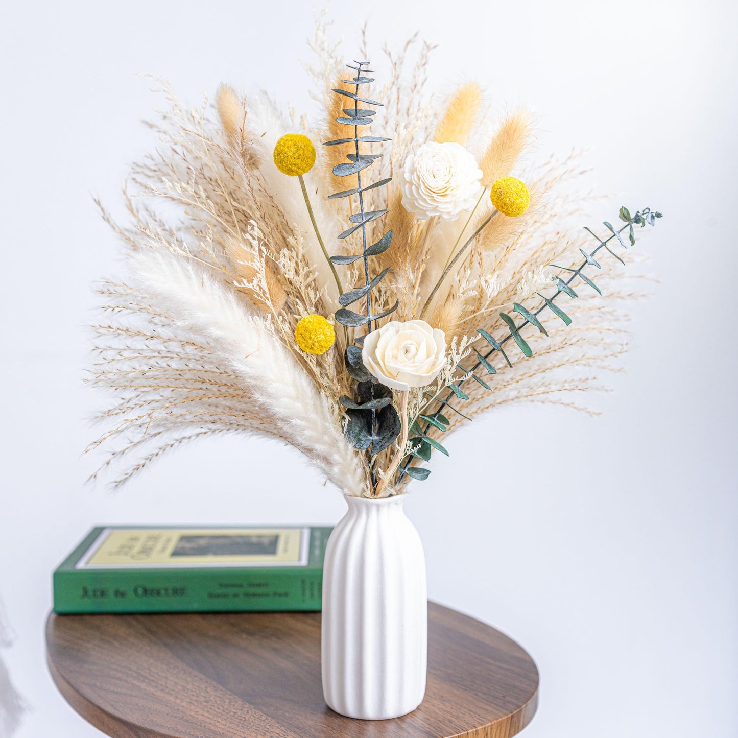 Pampas Grass Decor, Ceramic Vase Included, Dried Flowers Reed diffusers for Home,Dried Eucalyptus Arrangements,Dried Grass for Table Room Decor Wedding Party Birthday Decor (WhiteGreen)