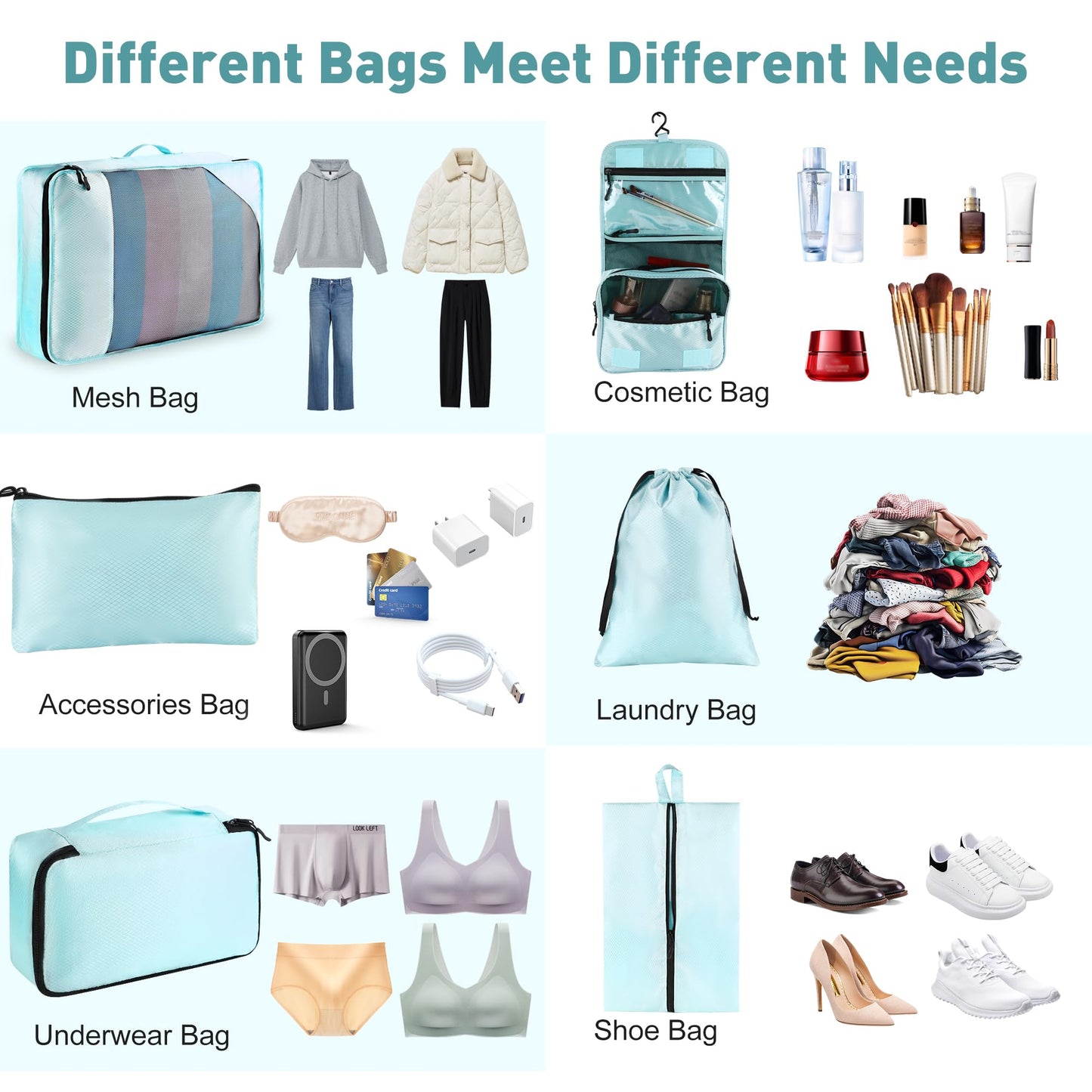 Toncoke 8 Set Packing Cubes for Travel Women Men Kids, Mesh Suitcase Organizer Bags Set for Luggage, 4 Sizes Extra Large, Large, Medium, Small, Travel Camping Essentials Accessories, Lake Blue