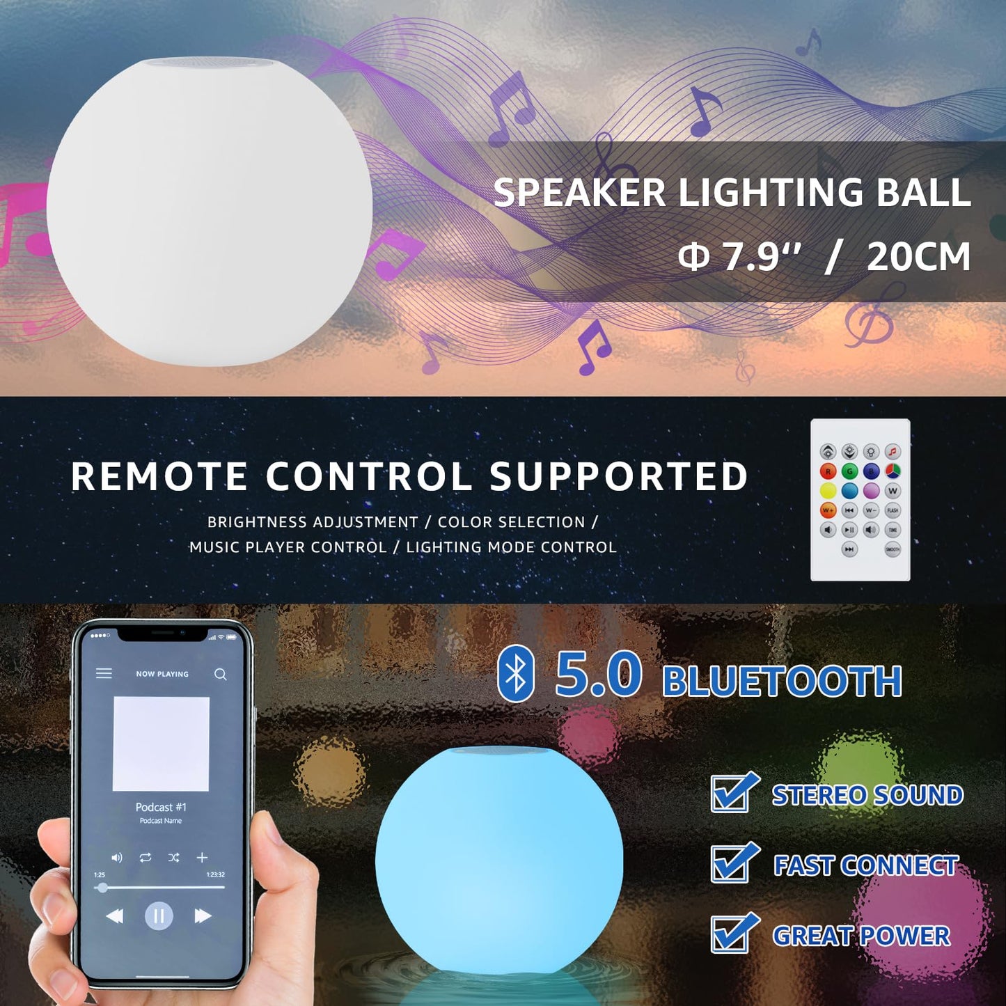 Floating Pool Speaker with Colorful Light, Rechargeable IPX7 Water-Resistant Floating Pool Light and Speaker,Pool Accessories with TWS,Stereo Sound, for Pool, Spa, Party, Outdoor, Shower