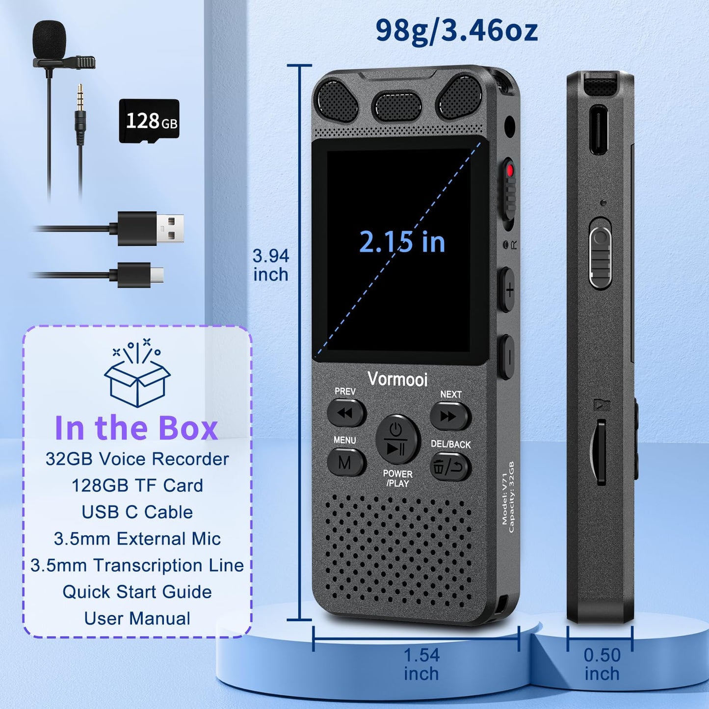 160GB Digital Voice Recorder with Playback - 110 Hours Ultra-Long Continuous Recording, Vormooi 1536Kbps Voice Activated Audio Recorder with External Microphone for Lecture Interview Meeting