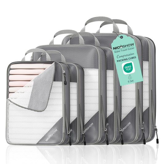 NICOSHOW 6 Set Compression Packing Cubes for Travel - Compressible, Lightweight, and Space-Saving Packing Cubes, Travel Essentials for Women, Grey