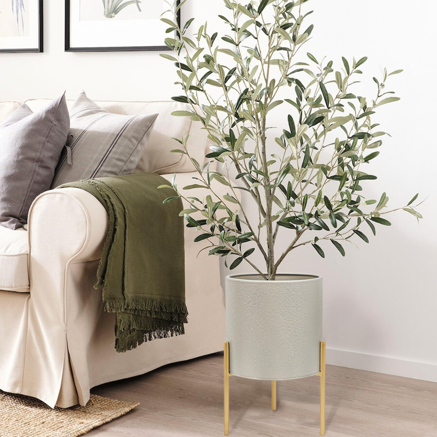 ARNIS Modern Planter Pots, Large Planters with Stand, Set of 2 Metal Planters for Plants with Drainage Holes for Living Room, Office, Garden or Balcony, 8.25 &10.5 Inch, Grey