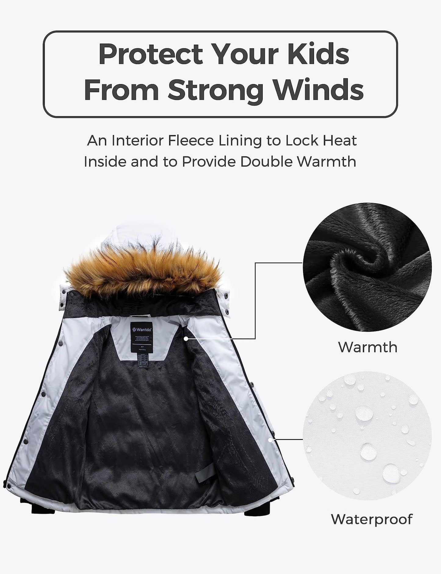 wantdo Boy's Hooded Warm Winter Coat Thick Puffer Jacket Waterproof Outerwear White 6-7