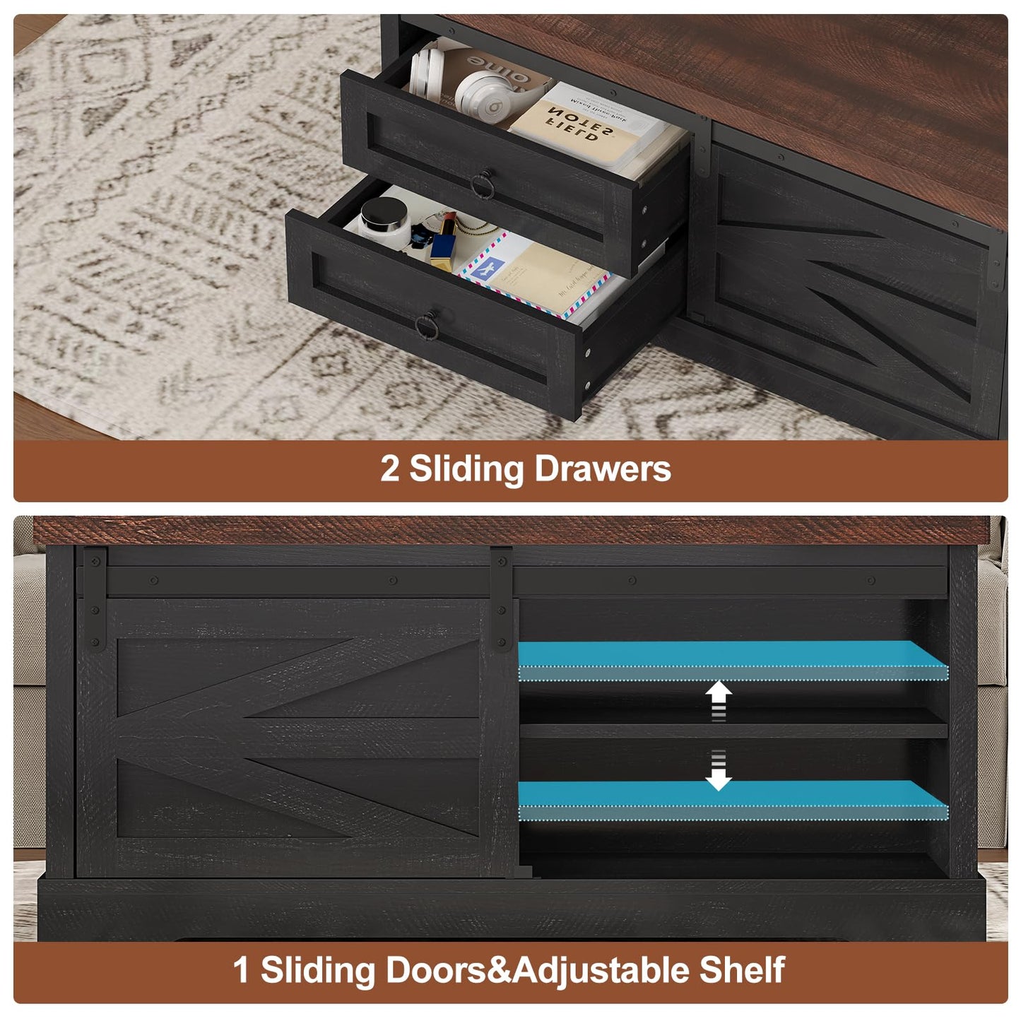 Itaar 39.4'' Lift Top Coffee Table with Storage, Farmhouse Coffee Tables for Living Room, Square Coffee Table with Large Hidden Compartment & 2 Drawers & Adjustable Shelves, Black