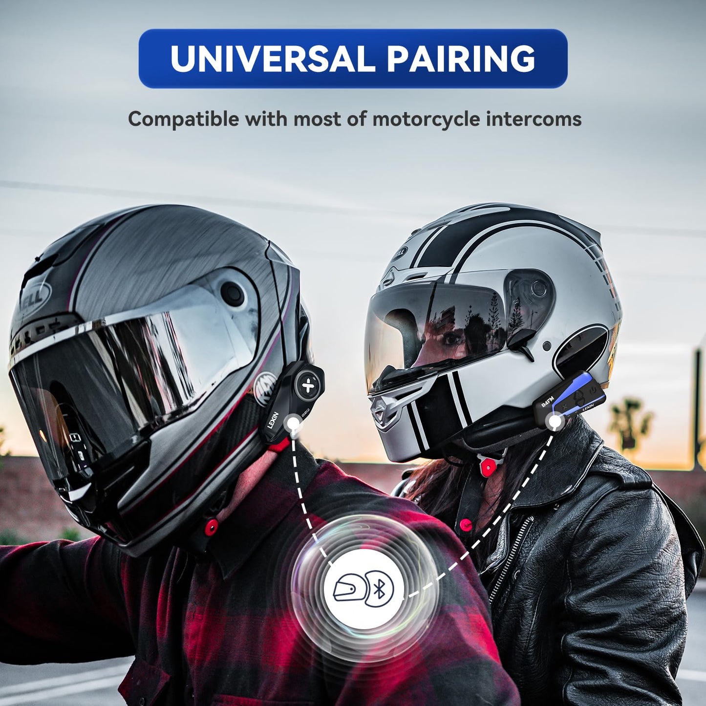 LEXIN G2P Motorcycle Helmet Bluetooth Headset, Group Intercom Communication Systems, FM Radio/ 6 Shells/Universal Pairing/Private Talk/Noise Cancellation, Fit for Snowmobile/ATV, 2 Pack