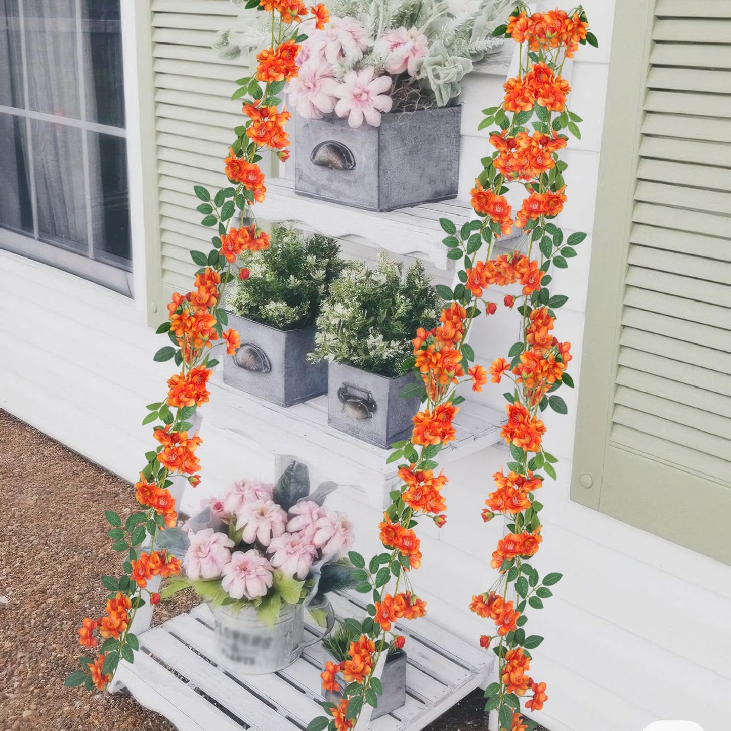 GhuaH 2 Pcs Artificial Flowers Garland for Outdoors Orange Faux Gardenia Garland 12Ft Silk Rose Hanging Vines Floral for Wedding Arch Party Wall Garden Ceremony Backdrop Fence Spring Decor