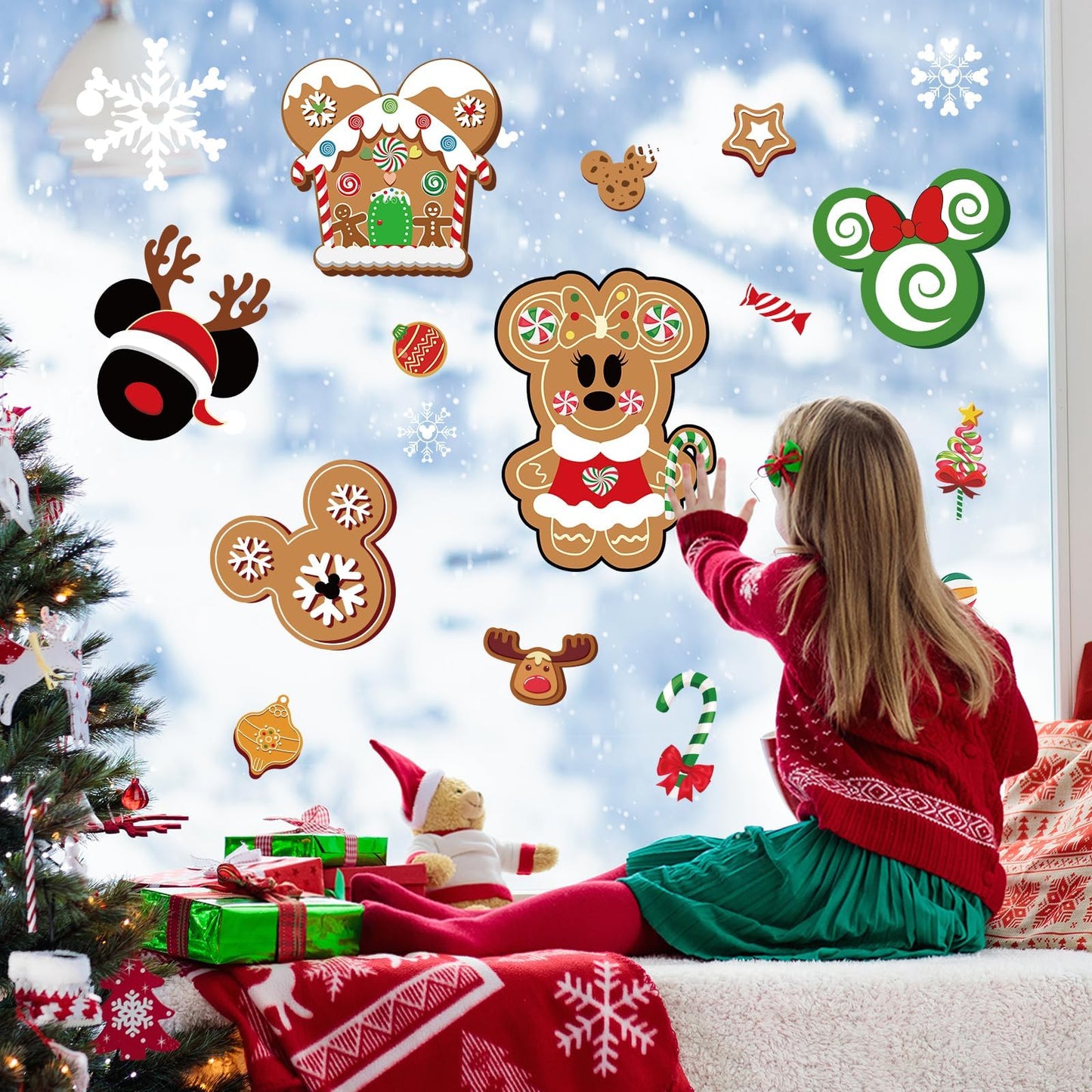 Christmas Gingerbread Window Cling Decorations - 12 Sheets Double-Sided Christmas Gingerbread Sticker for Window Decor, Mouse, Castle, Snowflake Stickers for Indoor Office Home Decor