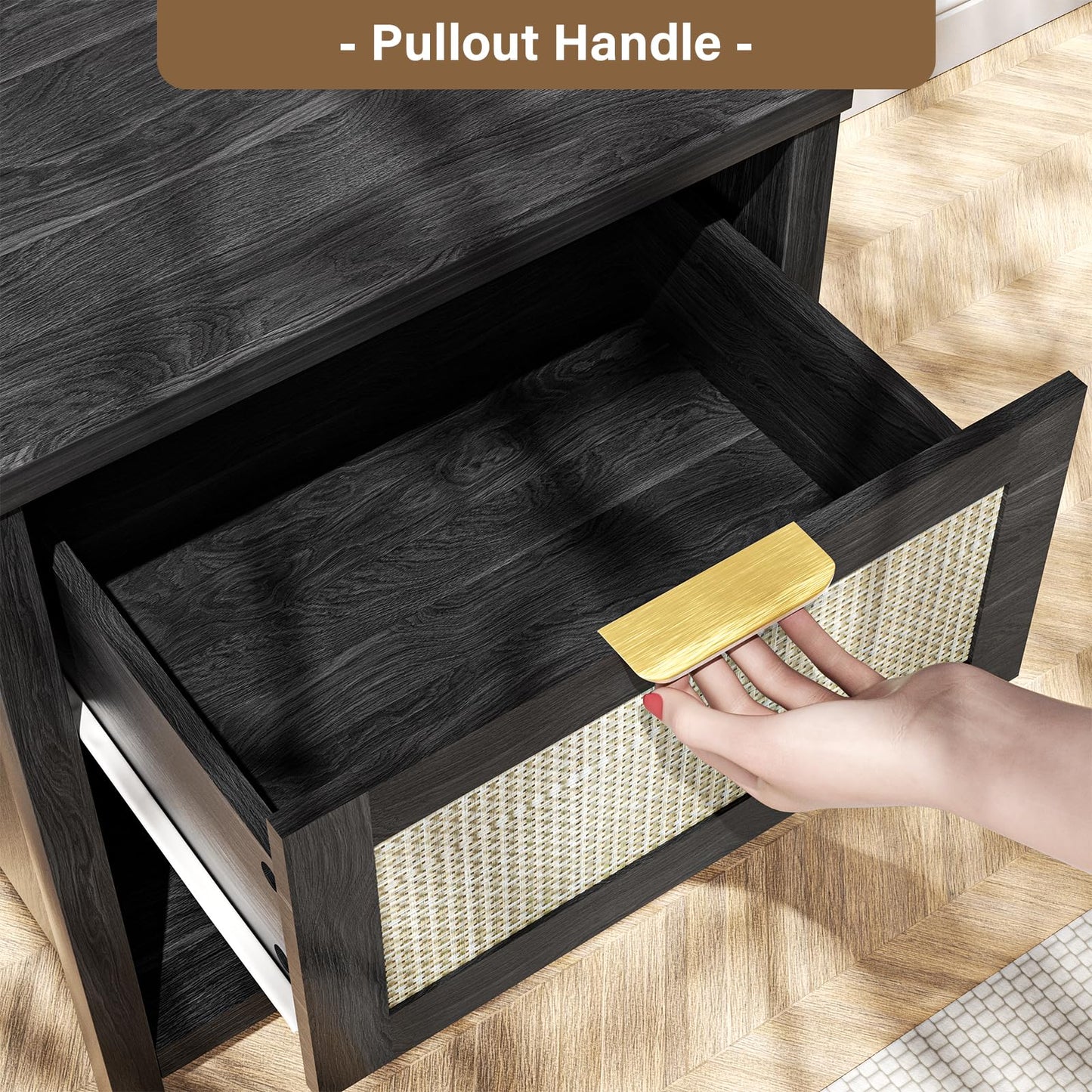 DEMEGA Rattan Nightstand Set of 2 Black Night Stand Bedside Table with Drawer and Storage Shelf Boho Side Table for Bedroom End Tables