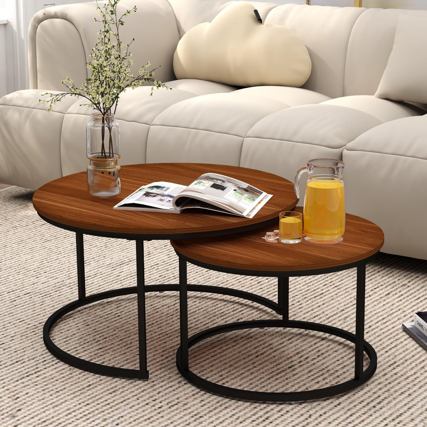 Otterease Nesting Tables Set of 2, 31.5" Round Coffee Table, Small Nesting Coffee Table with Adjustable Non-Slip Fee, Wood Grain Top Nesting Tables for Living Room, Bedroom (Wood Grain Brown)