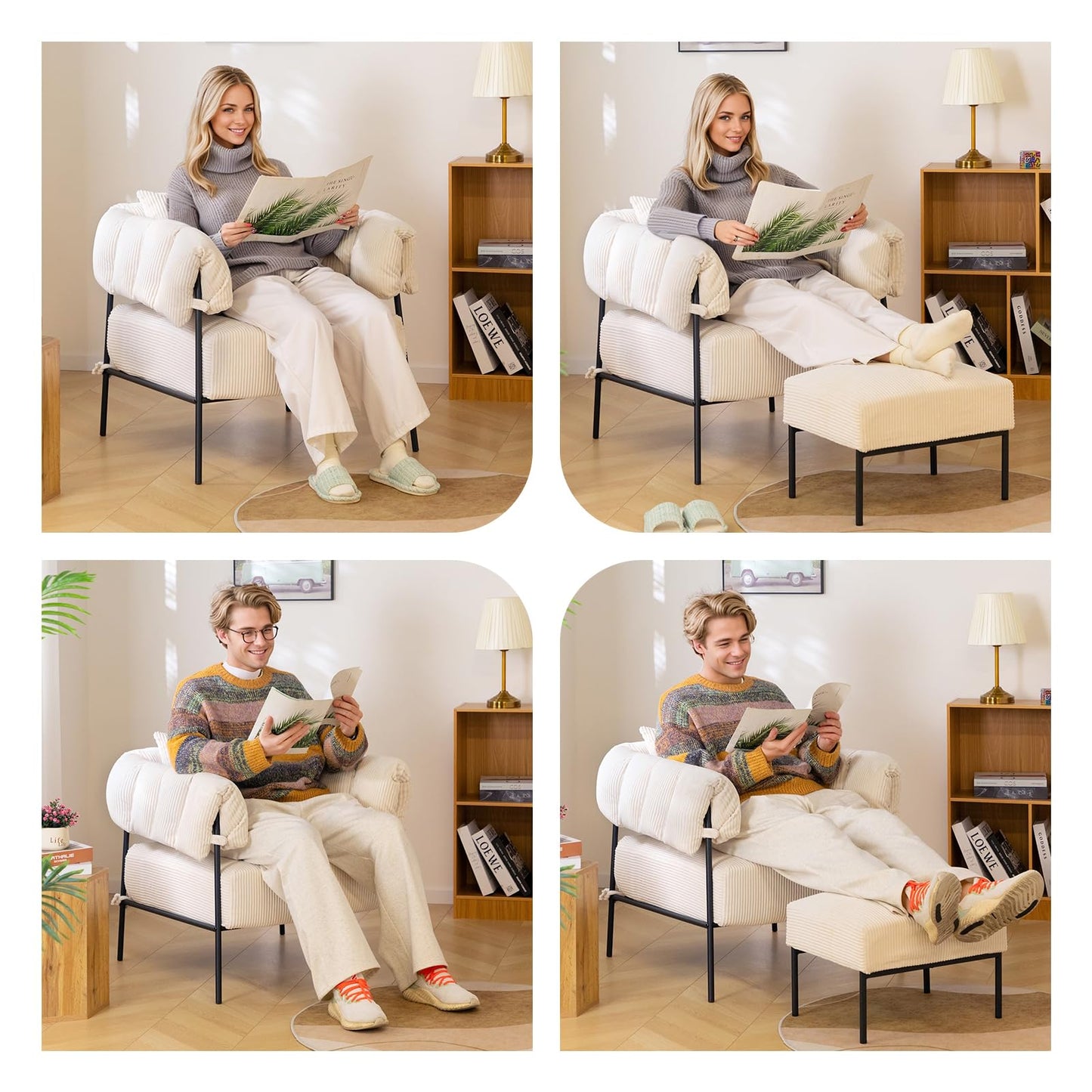 HollyHOME Modern Velvet Accent Chair, Upholstered Comfy Reading Chair, Fabric Large Lazy Arm Chair with Soft Cushion, Metal Frame Lounge Sofa Chair for Living Room, Bedroom, Balcony, Beige