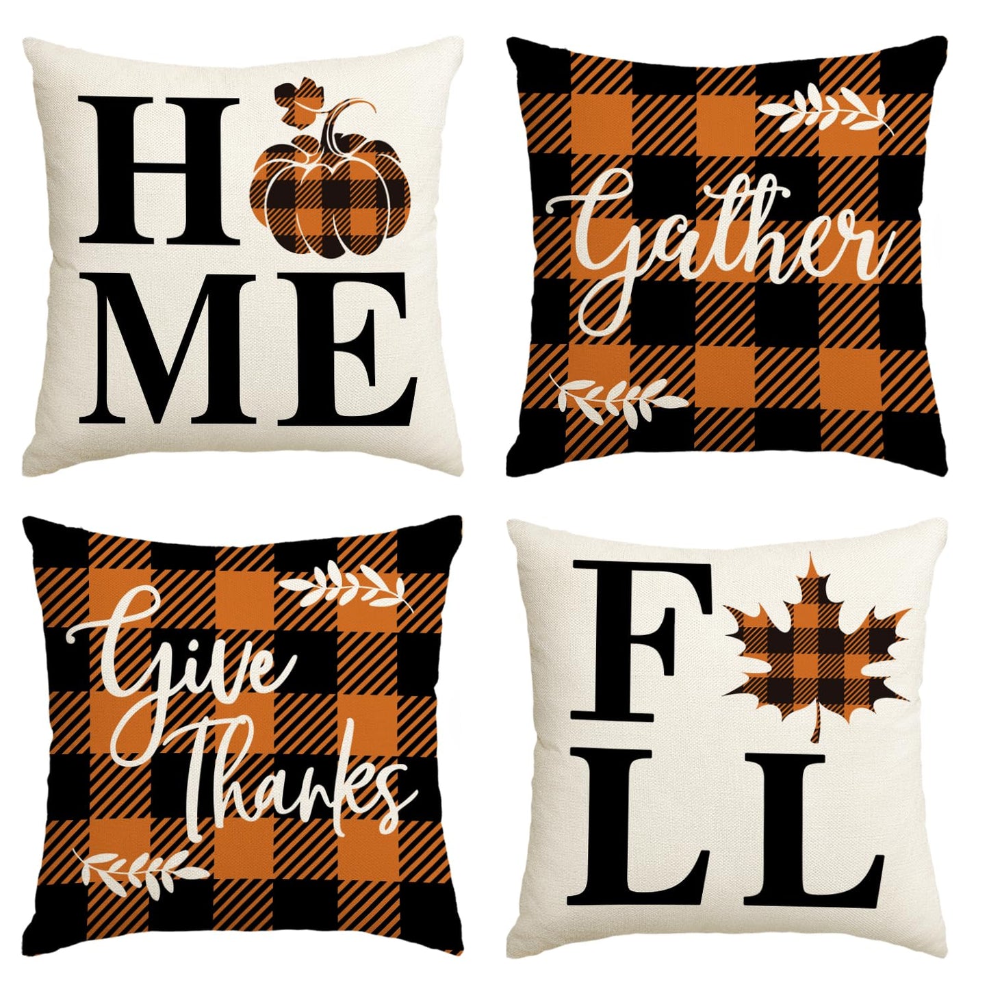 AVOIN colorlife Home Fall Buffalo Check Plaid Pumpkin Maple Leaf Throw Pillow Cover, 18 x 18 Inch Autumn Give Thanks Gather Farmhouse Cushion Case for Sofa Couch Set of 4