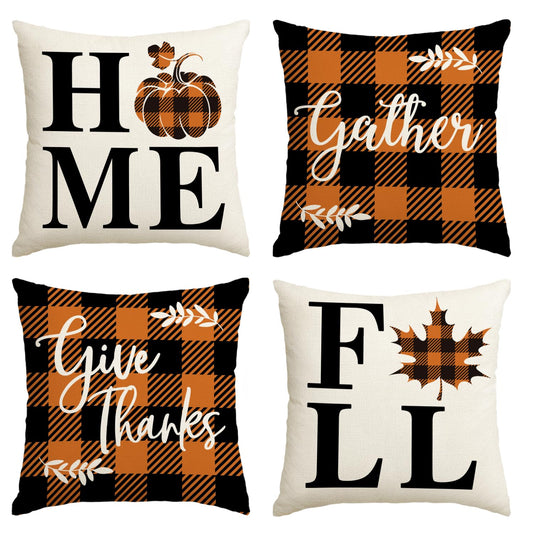 AVOIN colorlife Home Fall Buffalo Check Plaid Pumpkin Maple Leaf Throw Pillow Cover, 18 x 18 Inch Autumn Give Thanks Gather Farmhouse Cushion Case for Sofa Couch Set of 4