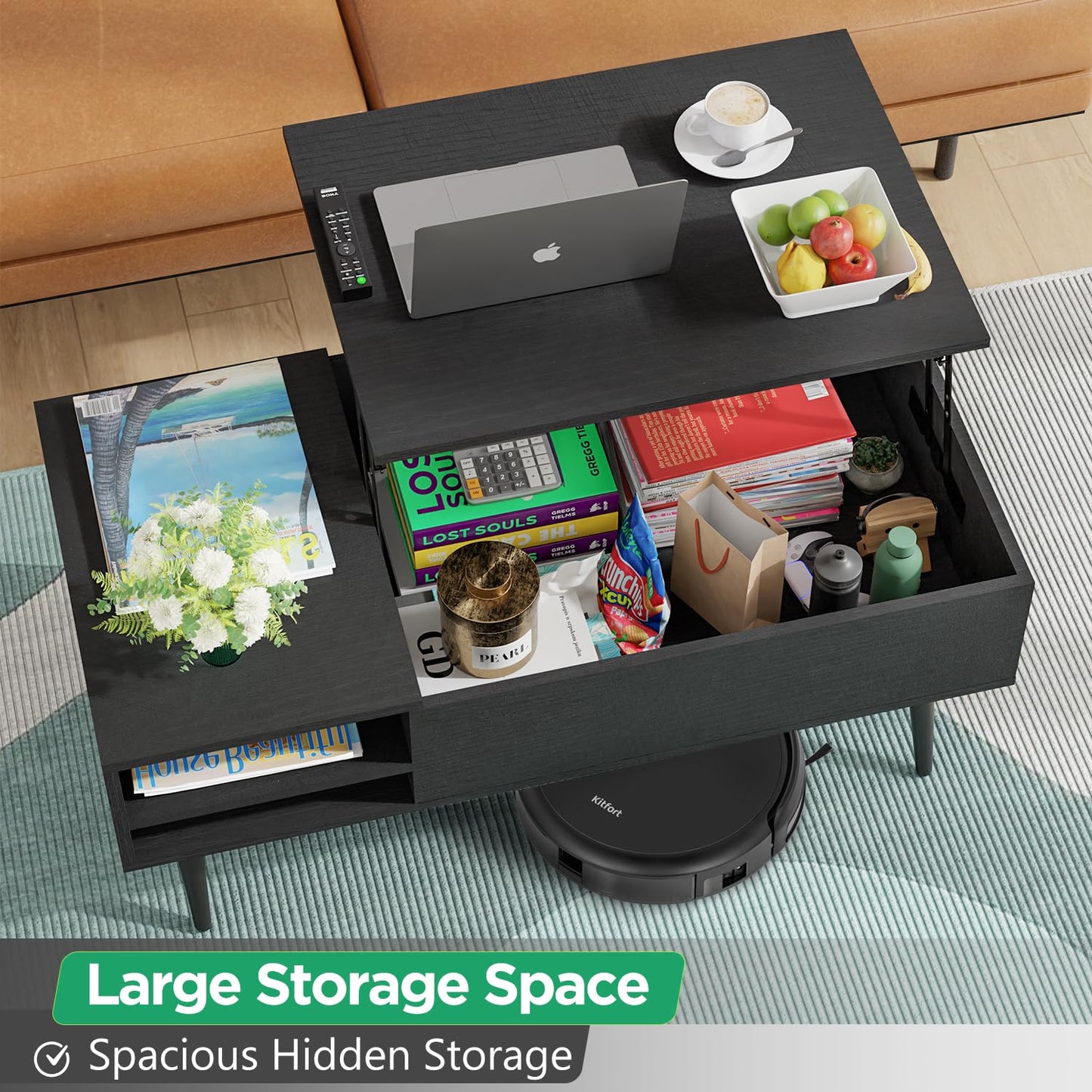 PayLessHere Lift Top Coffee Table with Adjustable Storage and Hidden Compartment Small Wood Coffee Table Center Table for Home Living Room Office Apartment Reception Room,Black