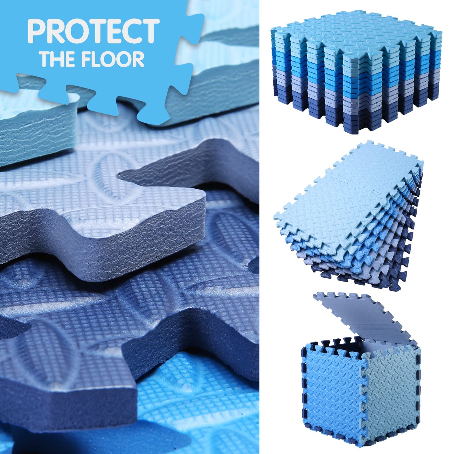 Tamiplay 16 Tiles Foam Play Mat for Baby, Soft & Safe EVA Foam Mats for Floor, Square Baby Play Mat, Kids Foam Puzzle Floor Mat, 47x47 Play Mat for Playpen(Dark Blue/Gray Blue/Light Blue/Blue)