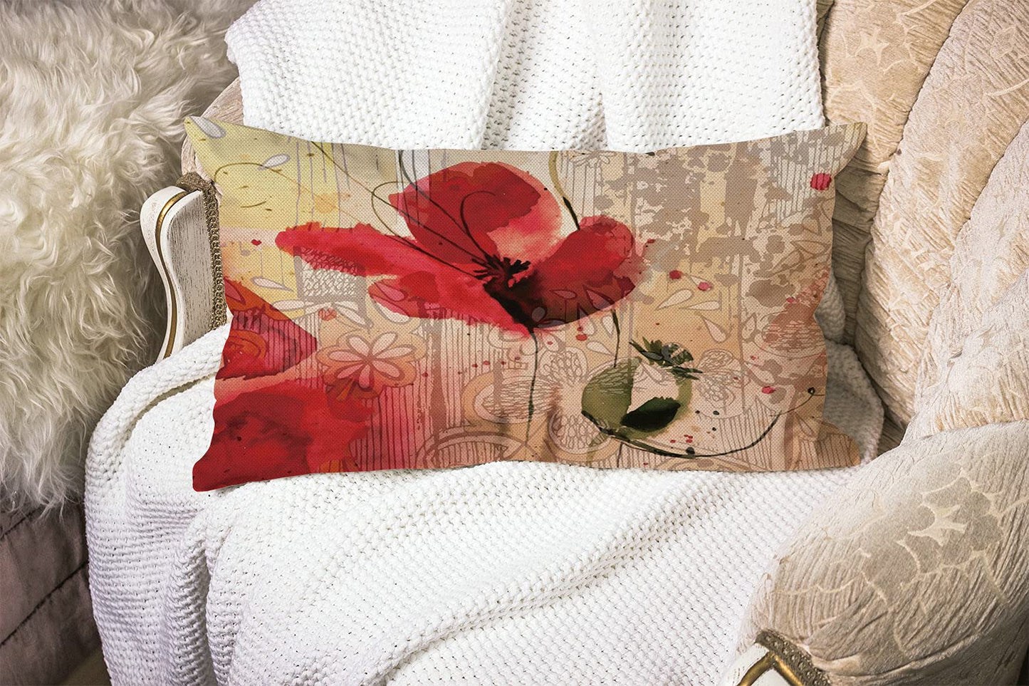 Smooffly Flower Pillow,Home Decorative Throw Pillow Cover Red Poppy Flower Beige Floral Waist Lumbar Cotton Linen Throw Pillow case Cushion Cover Sofa Home Decorative Rectangle Oblong 12x20 Inches