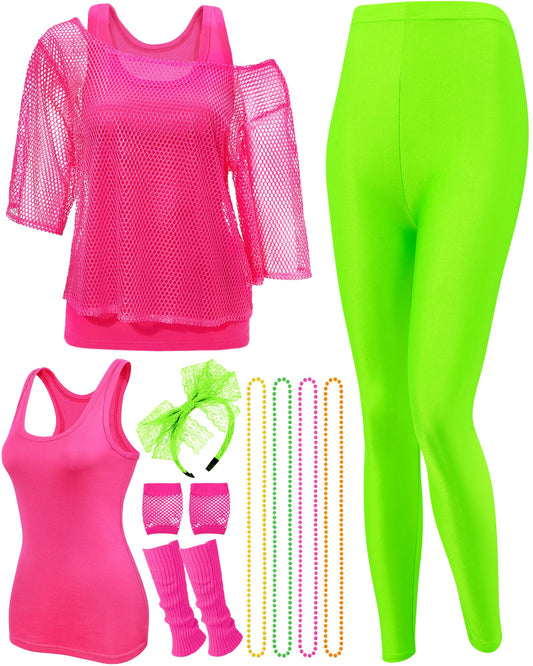 Jadive 12 Pcs 80s Costume Outfits Accessories for Woman Party Fishnet Shirt Legging Vest Hairband Necklace Gloves Leg Warmer