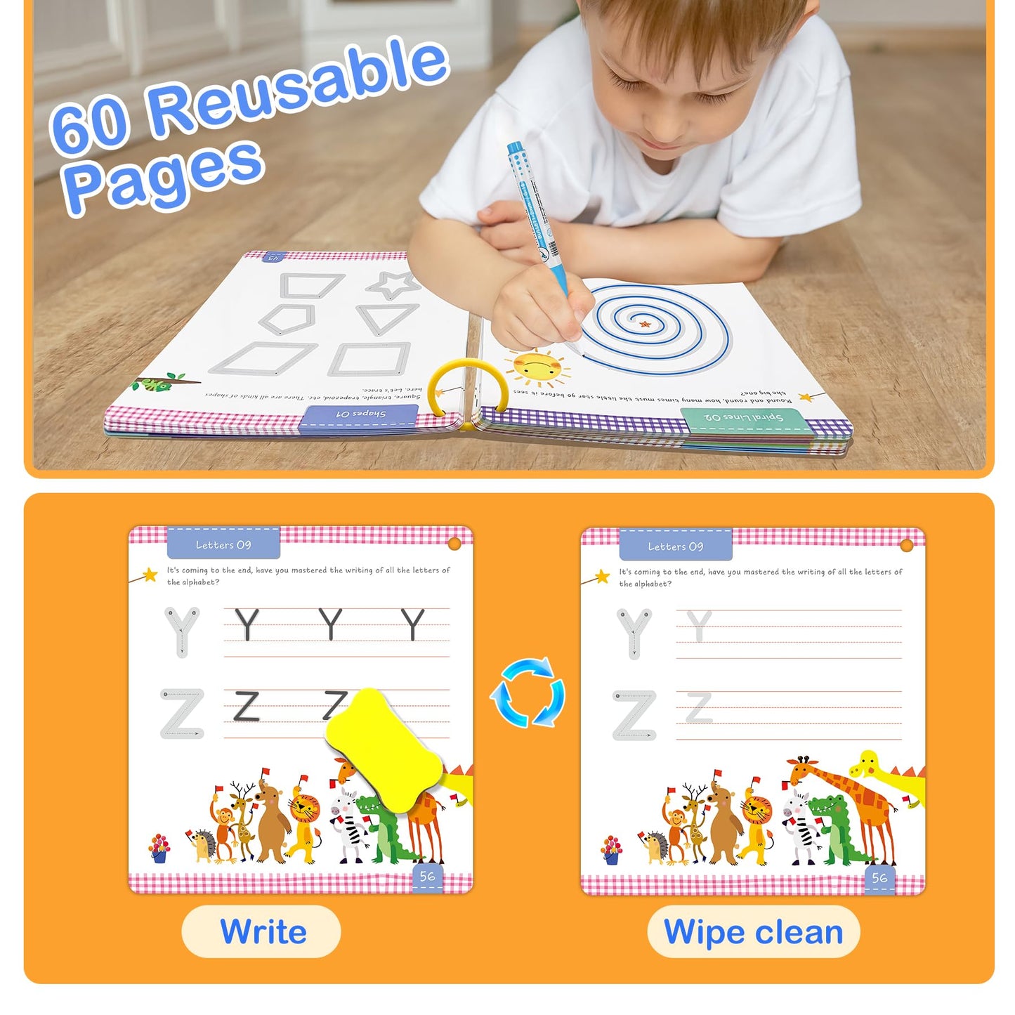Hulupiggy Preschool Learning Activities 60 Reusable Pages, Tracing Letter Number Handwriting Practice Book for Kids, Montessori Autism Educational Fine Motor Toddler Learning Toys for 3 4 5 Year Olds