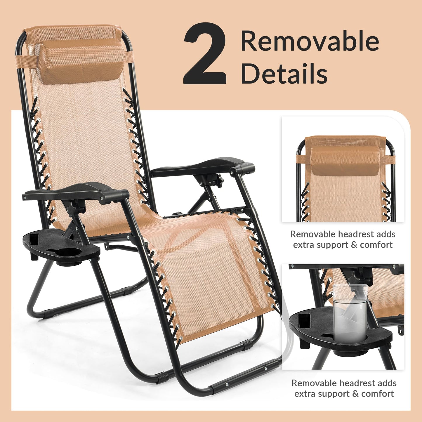 Elevon Zero Gravity Chair with Cup Holder & Removable Pillow, Adjustable Reclining Outdoor Patio Folding Chairs for Adults Portable Lounge Chair Furniture for Poolside, Lawn, Beach, Camping, Beige