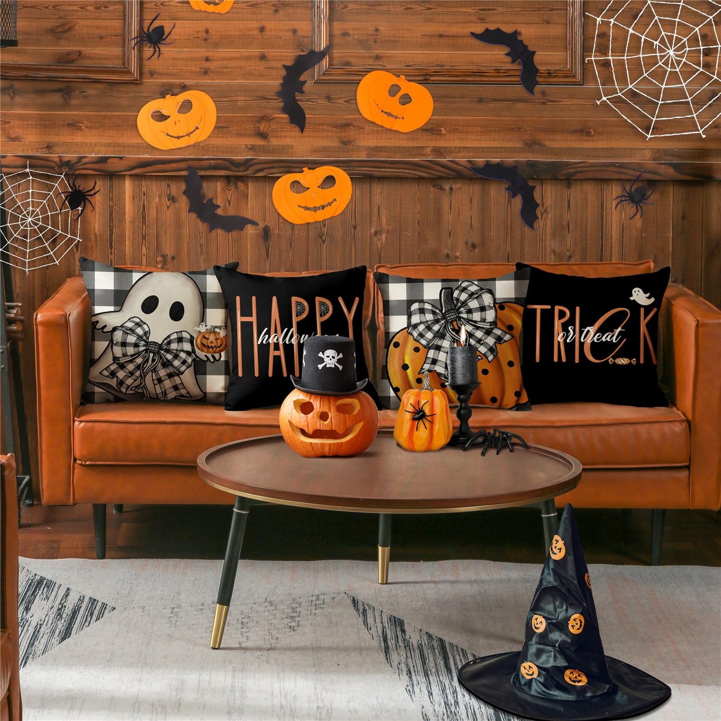 MODOVOS Halloween Pillow Covers 18x18 Set of 4 Buffalo Plaid Spooky Halloween Decorations Polka Dots Pumpkin Throw Pillow Covers Trick or Treat Cushion Case for Sofa Couch
