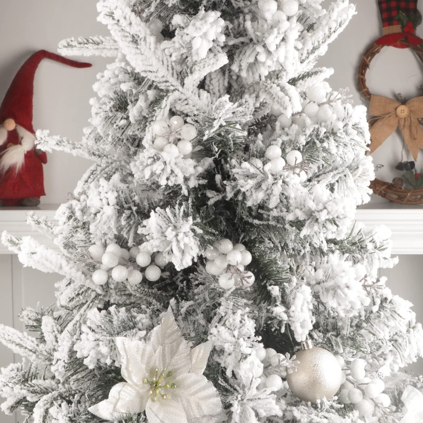 Fangoo 24 Pack Glitter White Stems,Artificial Glitter White Berry Picks Holly Red Berries Branches Christmas Berry Stem Picks for Christmas Tree Wedding Holiday Season Winter Home Decoration(19 CM)