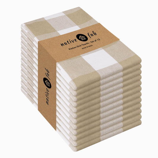 Native Fab 12 Pack Buffalo Check Kitchen Towel 16"x26" - Cotton Dish Towels Washable - Absorbent Tea Towels, Soft Hand Towel with Hanging Loop, Dish Cloth Set - Beige White