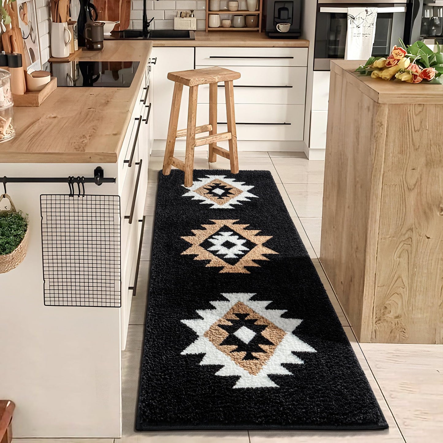 DEXDE Bathroom Runner Rug 24x60 Boho Long Bath Mat Rug for Bathroom Bedroom Hallway Kitchen Luxury Soft Absorbent Large Modern Geometric Carpet Western Farmhouse Carpet, Black
